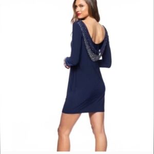 MARINA Navy Long Sleeve Dress with Beaded Detail